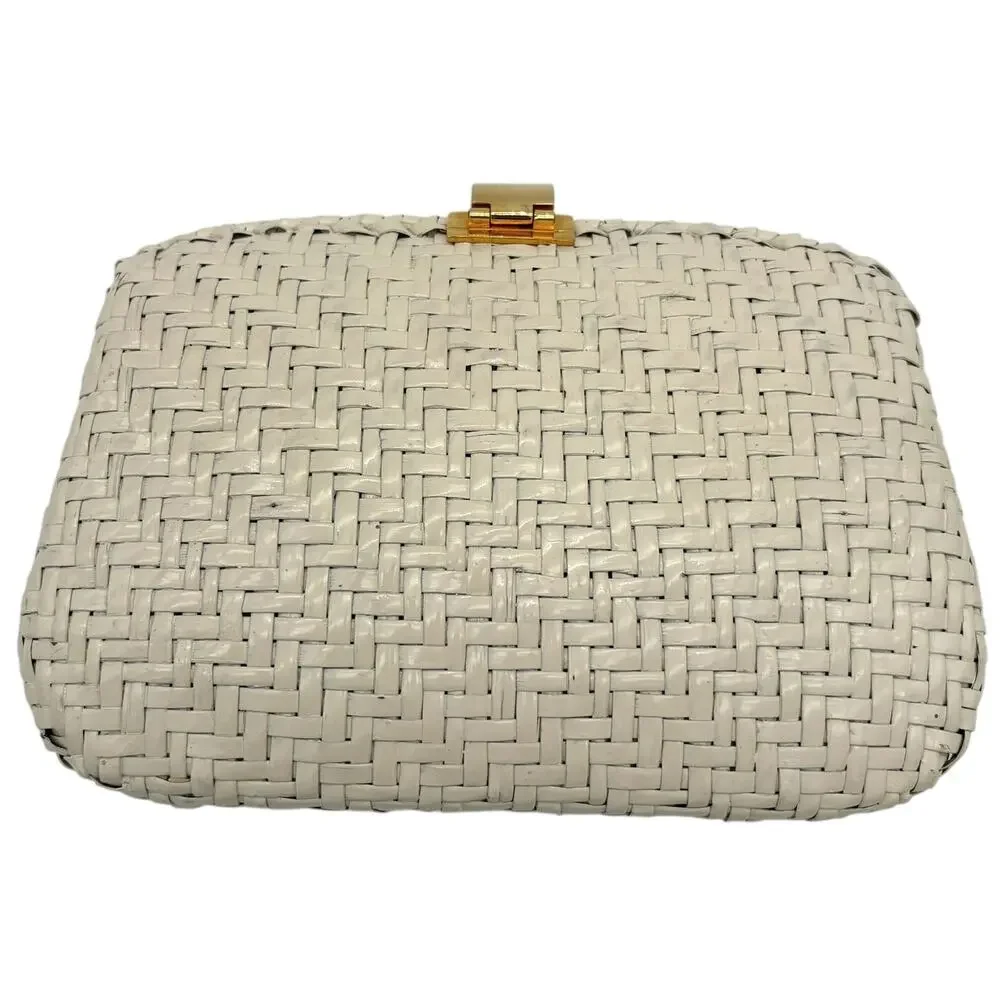 Rodo Italy Woven Cane Leather Box Clutch Ivory Gold Tone Vintage Bag